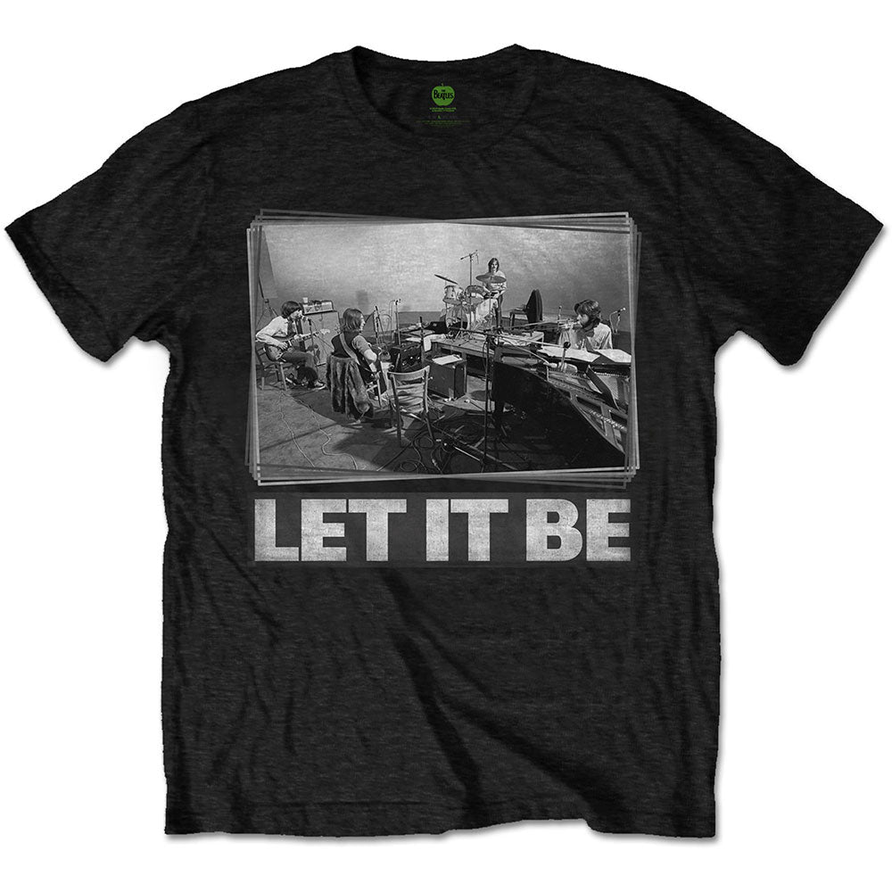 Black t-shirt with a grayscale image of The Beatles and “Let It Be”.