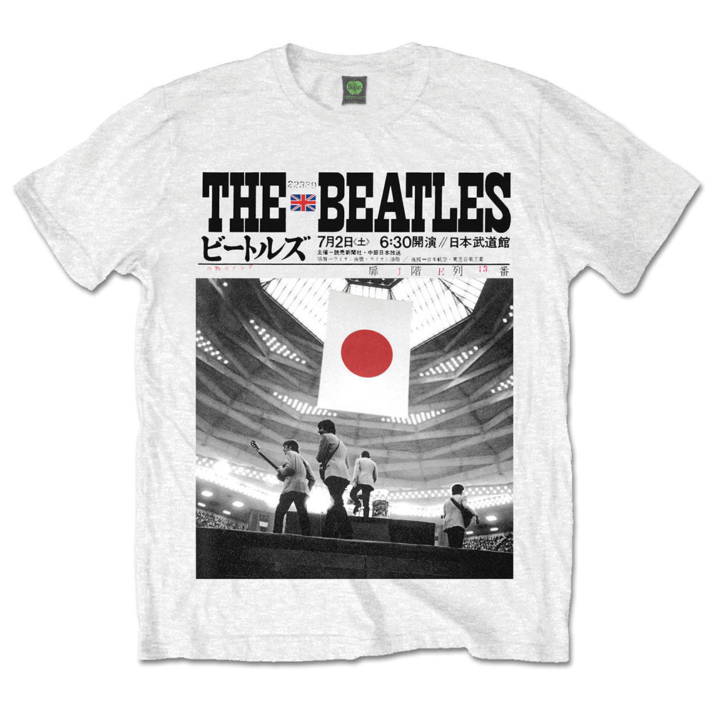 White Beatles t-shirt with black and white Budokan concert graphic.