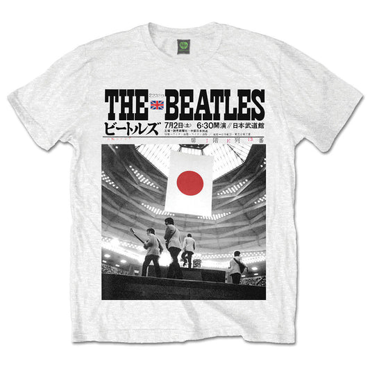 White Beatles t-shirt with black and white Budokan concert graphic.