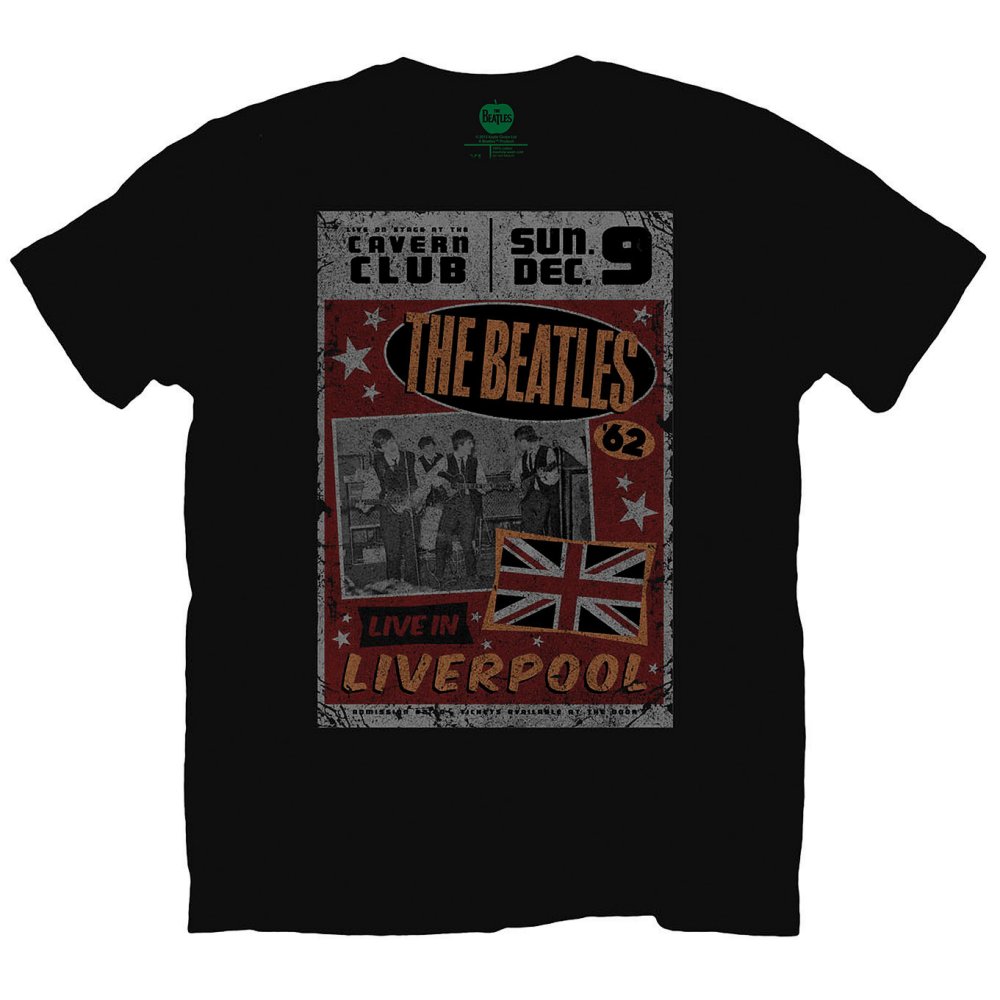 Black Beatles t-shirt with a vintage Liverpool Cavern Club concert graphic.