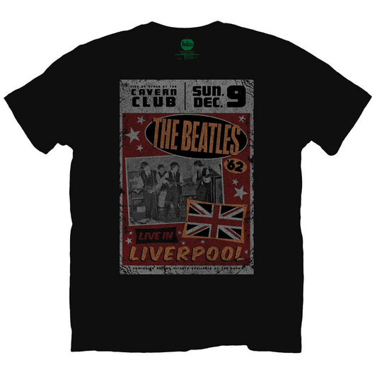 Black Beatles t-shirt with a vintage Liverpool Cavern Club concert graphic.
