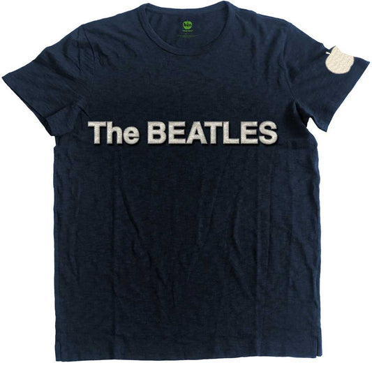 Blue t-shirt with “The Beatles” logo and apple applique on sleeve.