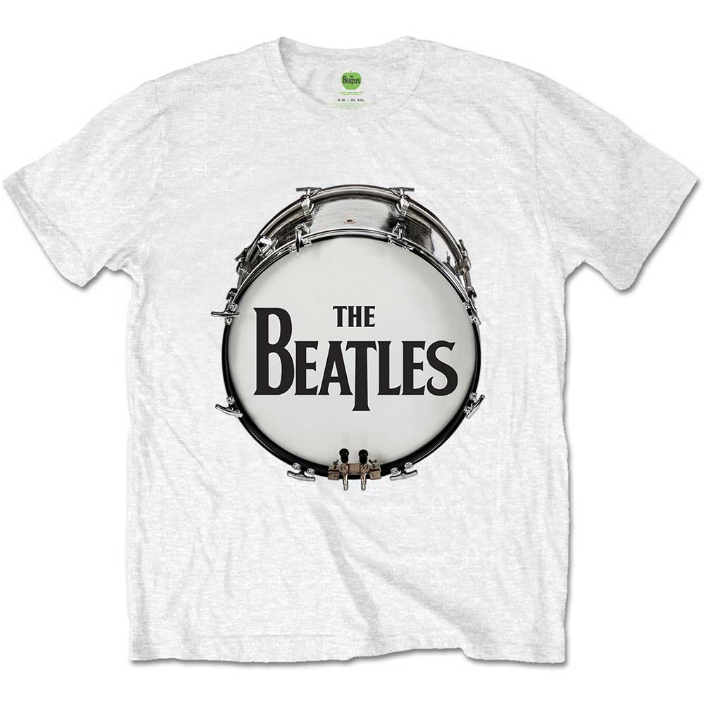 Black t-shirt with a graphic of The Beatles’ drum and logo.