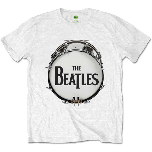 Black t-shirt with a graphic of The Beatles’ drum and logo.