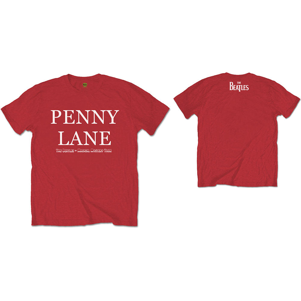 Red t-shirt with "Penny Lane" text, worn by a man.