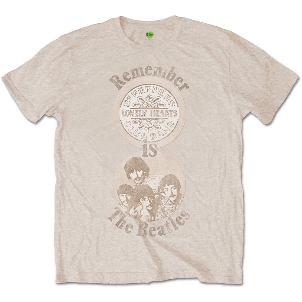 Beige t-shirt with "Remember Sgt. Pepper's Lonely Hearts Club Band" graphic.