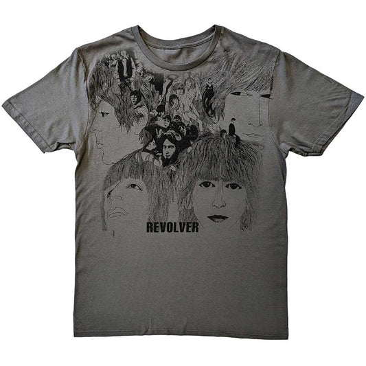 A man wearing a grey Beatles Revolver t-shirt with black album cover art.