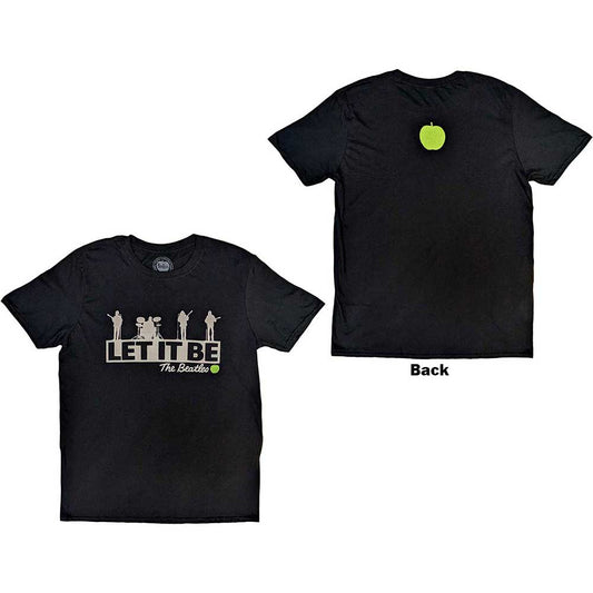 Black t-shirt with "Let It Be" and The Beatles rooftop image.
