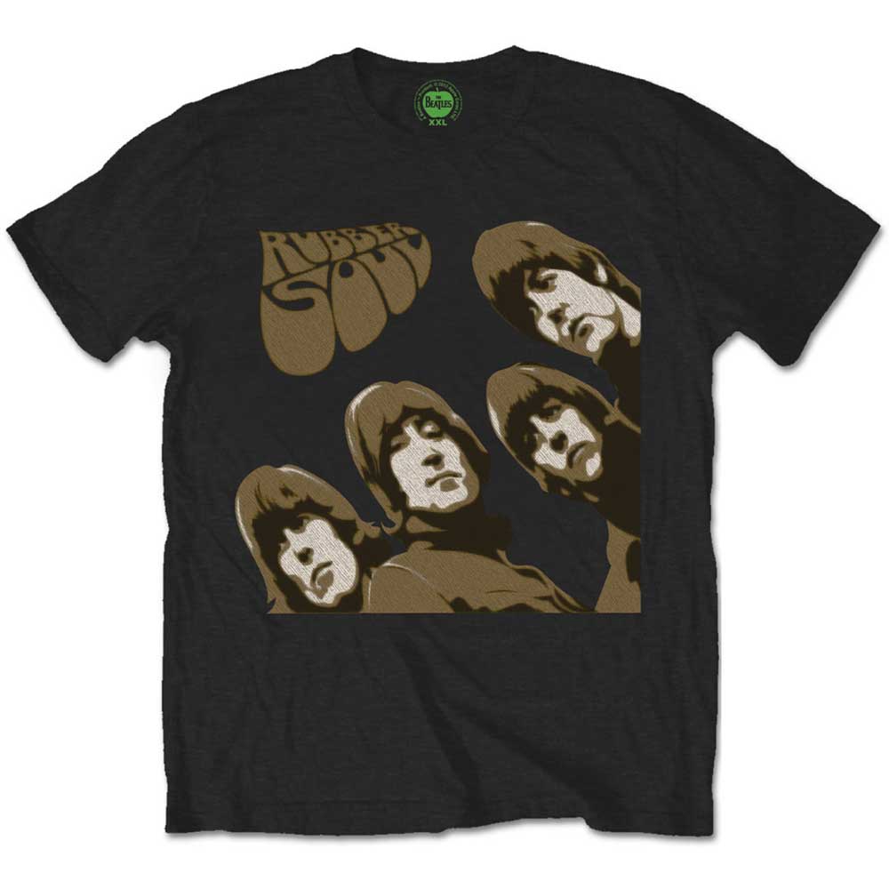 Black t-shirt with a sketched image of The Beatles from the Rubber Soul album.