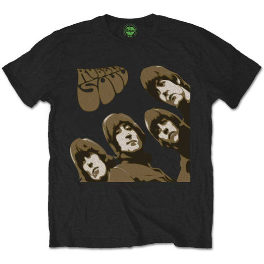 Black t-shirt with a sketched image of The Beatles from the Rubber Soul album.