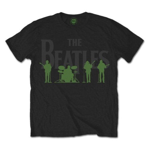 Black t-shirt with a green graphic of The Beatles on the front.