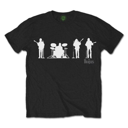 Black t-shirt with white silhouette graphic of The Beatles lineup.
