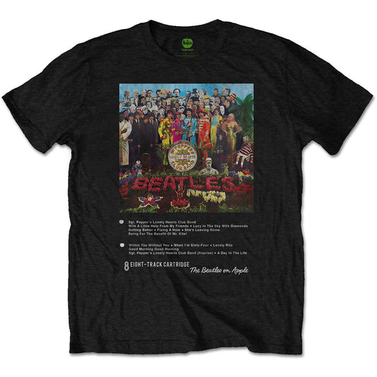 Black t-shirt with colorful Beatles Sgt. Pepper's Lonely Hearts Club Band album art.