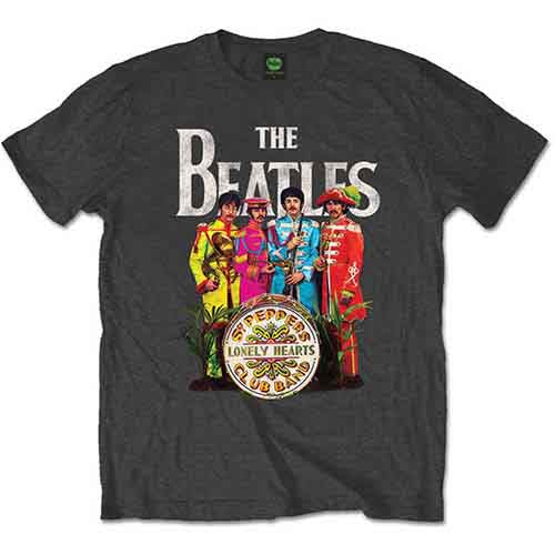 Black Beatles Sgt. Pepper t-shirt with album cover graphic, worn by a man.