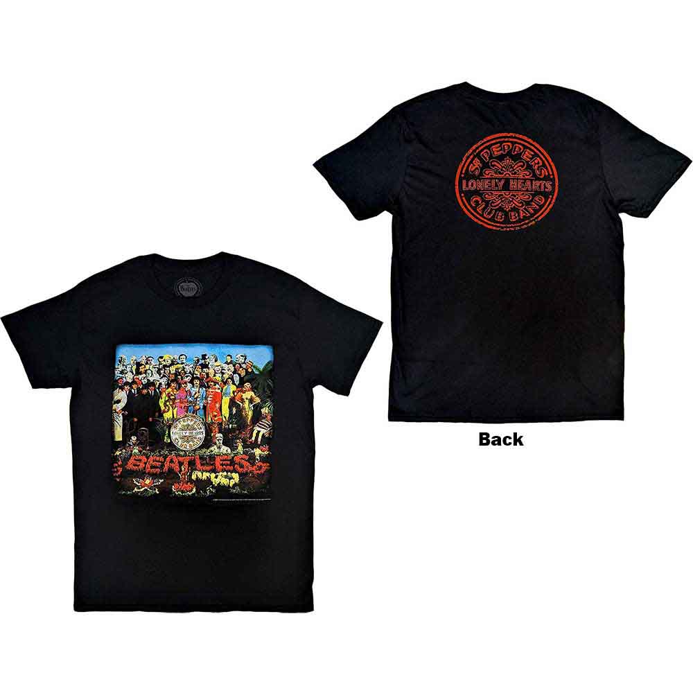 Man wearing black t-shirt with colorful Beatles Sgt. Pepper album cover.