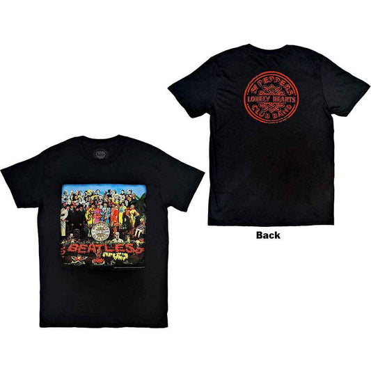 Man wearing black t-shirt with colorful Beatles Sgt. Pepper album cover.