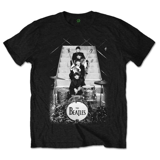 Black t-shirt with a grayscale image of The Beatles on stairs.