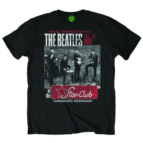 Black t-shirt with a graphic of The Beatles at Star-Club, Hamburg.