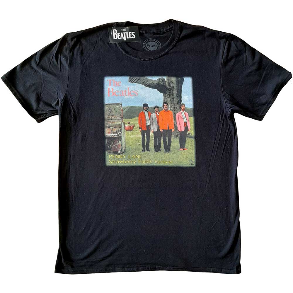 Black Beatles t-shirt featuring the "Strawberry Fields Forever" album cover.