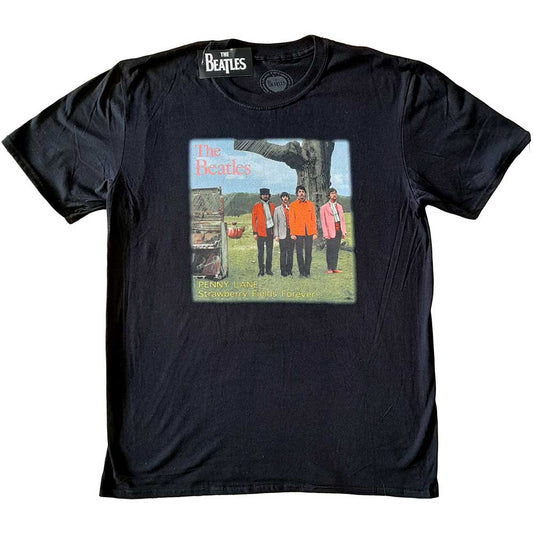 Black Beatles t-shirt featuring the "Strawberry Fields Forever" album cover.