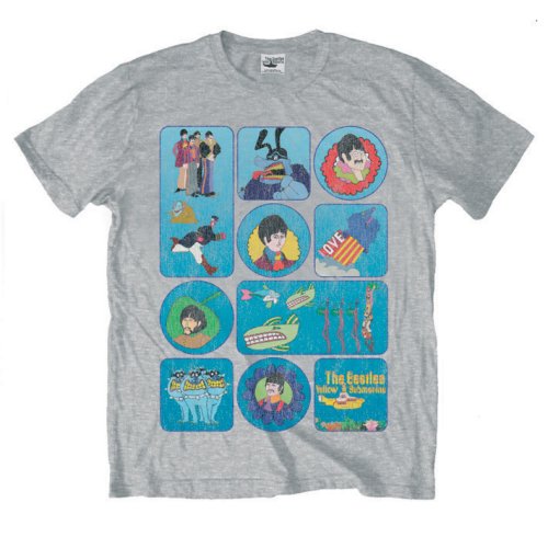Grey Beatles t-shirt with a collage of colorful band imagery.
