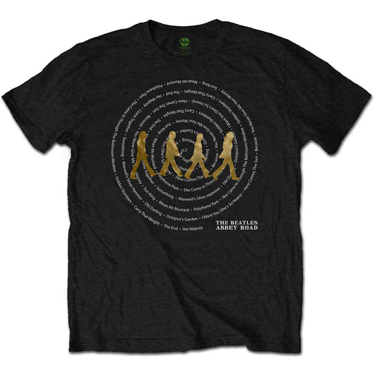 White t-shirt with swirling text of Beatles’ Abbey Road song titles.