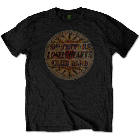 Black t-shirt featuring a circular Sgt. Pepper's Lonely Hearts Club Band drum head graphic.