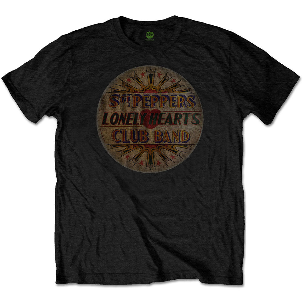 Black t-shirt featuring a circular Sgt. Pepper's Lonely Hearts Club Band drum head graphic.