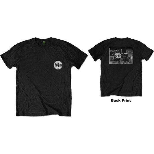 Black t-shirt with a small circular Beatles logo on the left chest.