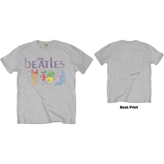 Grey Beatles t-shirt with colorful portraits from the White Album cover.
