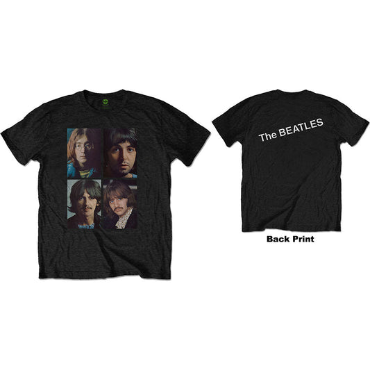 Black t-shirt with a four-panel portrait of The Beatles.
