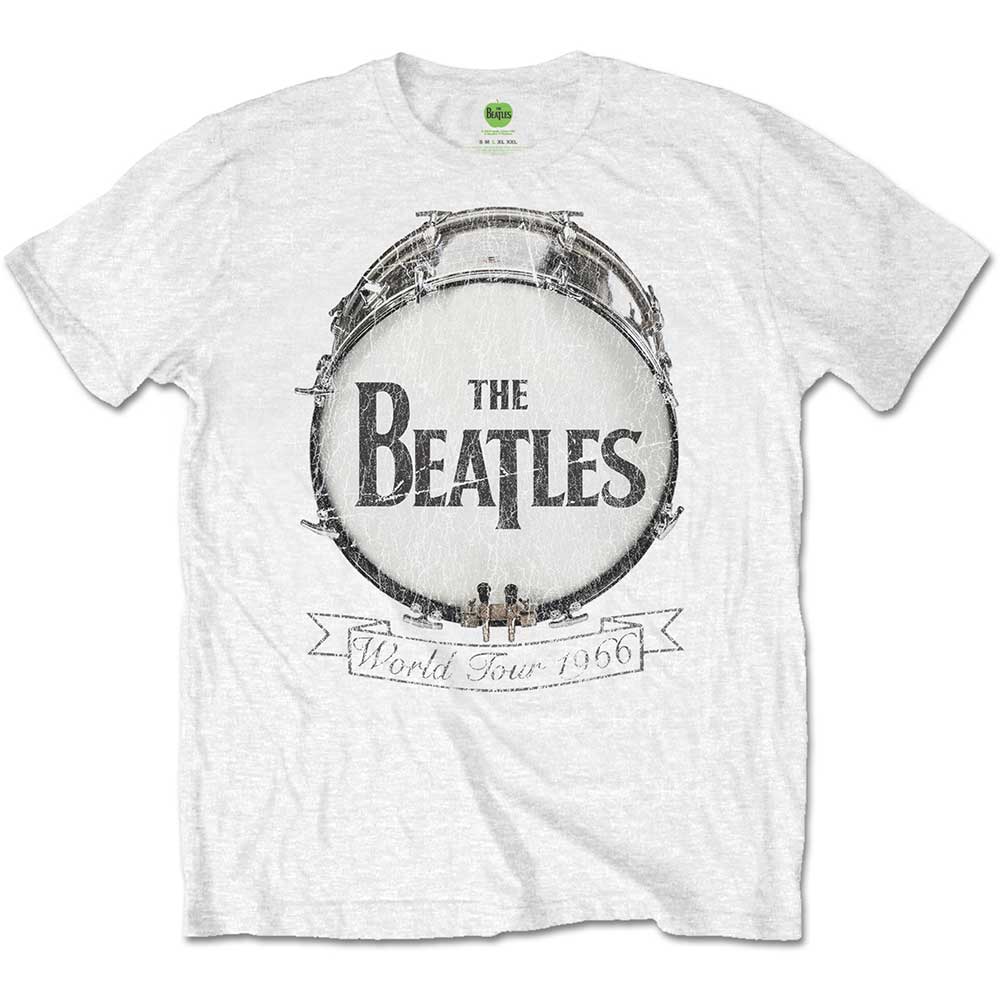 White t-shirt with a drum graphic and "The Beatles World Tour 1966".