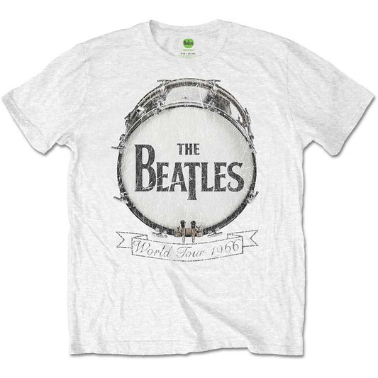 White t-shirt with a drum graphic and "The Beatles World Tour 1966".
