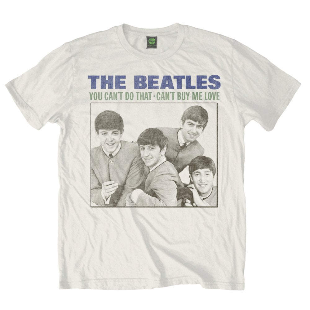 White Beatles t-shirt with a black and white photo of the band.