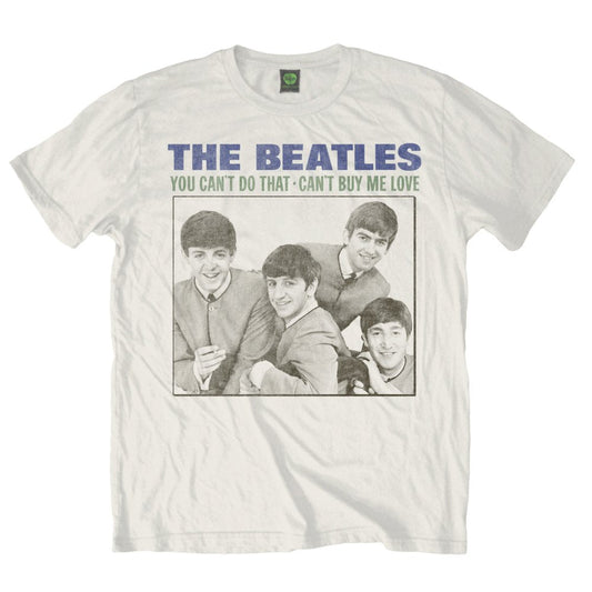 White Beatles t-shirt with a black and white photo of the band.