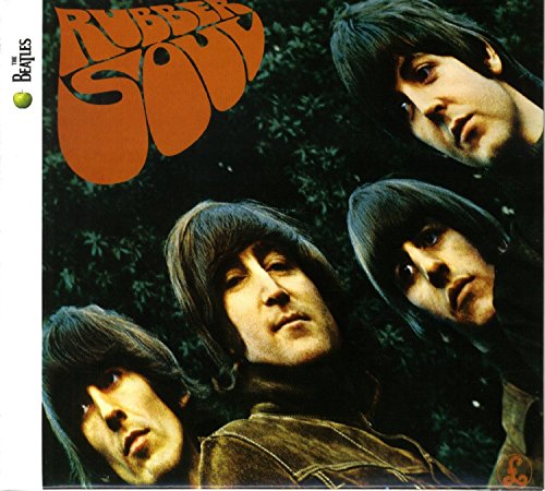 The Beatles’ “Rubber Soul” album cover with four band members pictured.