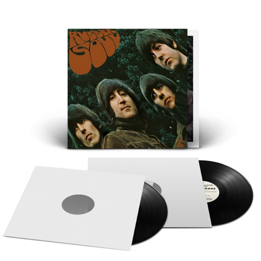 The Beatles’ “Rubber Soul” deluxe 2LP vinyl record and white inner sleeves.