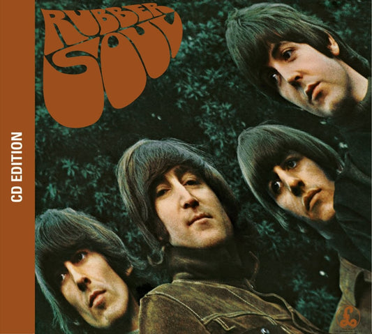 The Beatles’ “Rubber Soul” album cover with four band members’ portraits.
