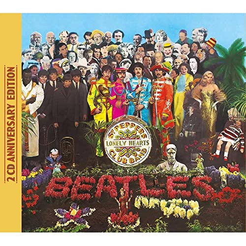 The Beatles' "Sgt. Pepper" album cover with a crowd and floral display.