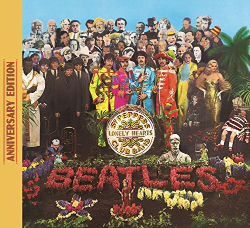 The Beatles Sgt. Pepper's album cover with band members and collage of famous figures.