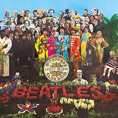 The Beatles standing in colorful uniforms surrounded by a crowd of famous historical figures.