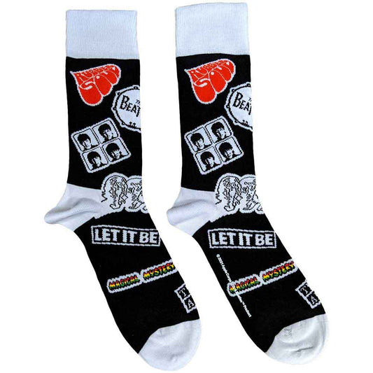 Black crew sock featuring various printed Beatles logos and album art icons.