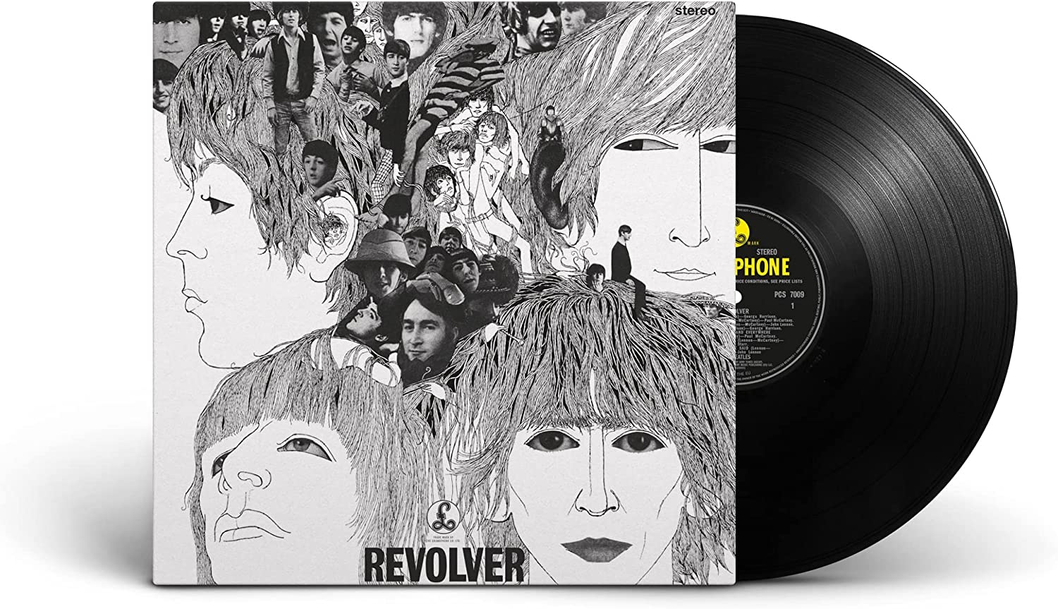 The Beatles’ “Revolver” vinyl record with sketched album cover art.
