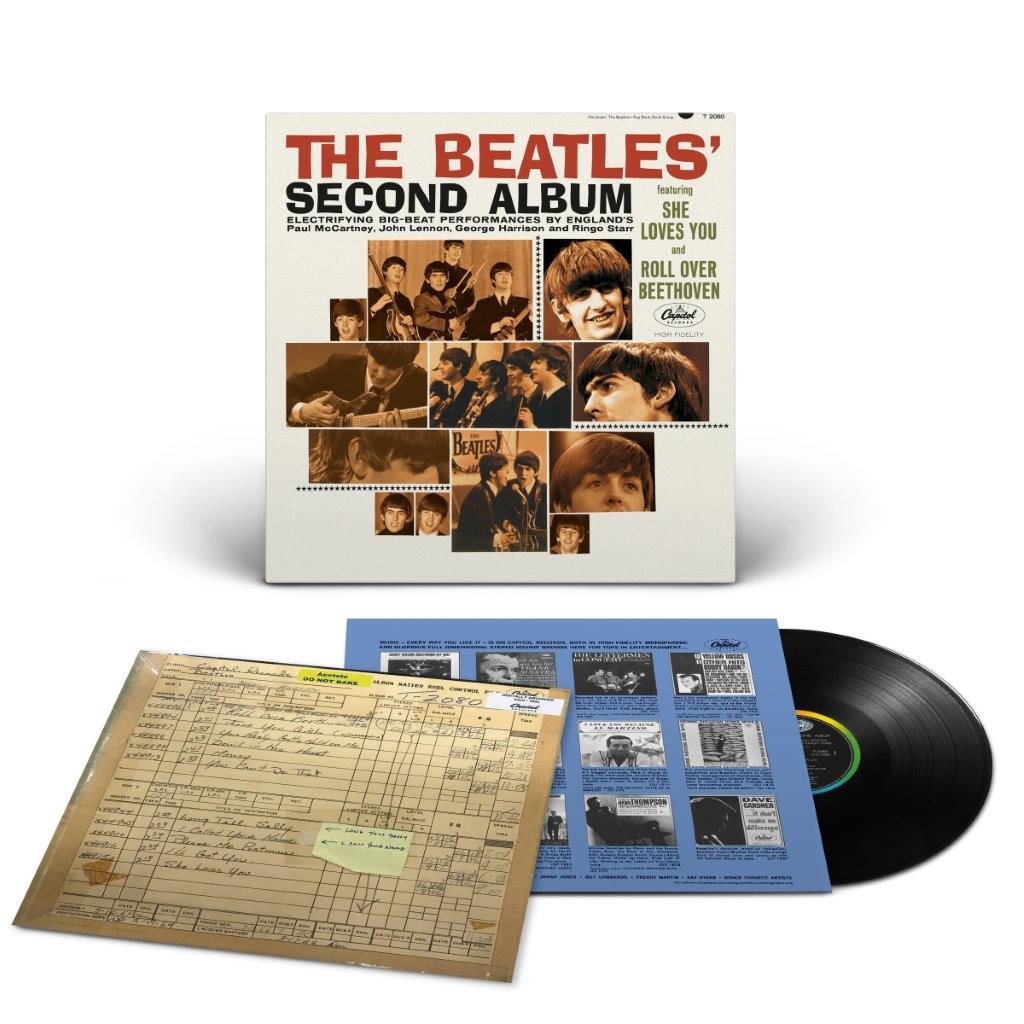 The Beatles’ Second Album vinyl record with cover and inner sleeve displayed.