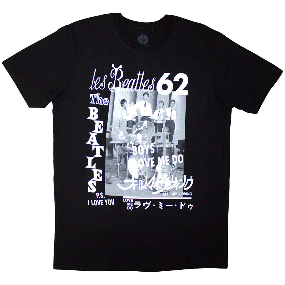 Sand-colored t-shirt featuring The Beatles’ 1962 band photo, size large.