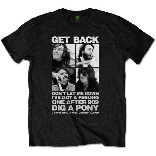 Man wearing a white t-shirt featuring Beatles portraits and "Get Back" text.
