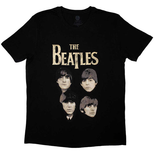Black unisex t-shirt featuring the iconic four heads portrait of The Beatles.