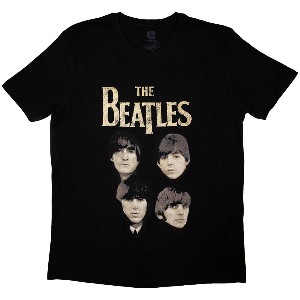 Black unisex t-shirt featuring the iconic four heads portrait of The Beatles.