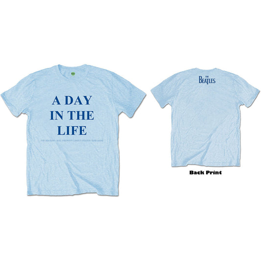 Light blue Beatles t-shirt with “A Day in the Life” text print.