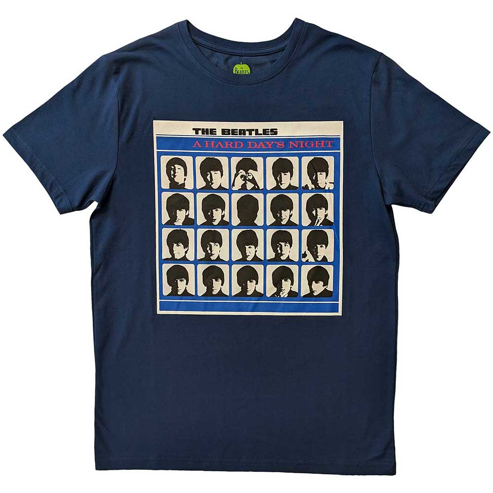 Black t-shirt featuring the cover art of The Beatles’ “A Hard Day’s Night” album.
